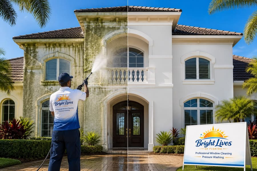 Home exterior half covered in green algae staining and half cleaned to bright white after a soft wash