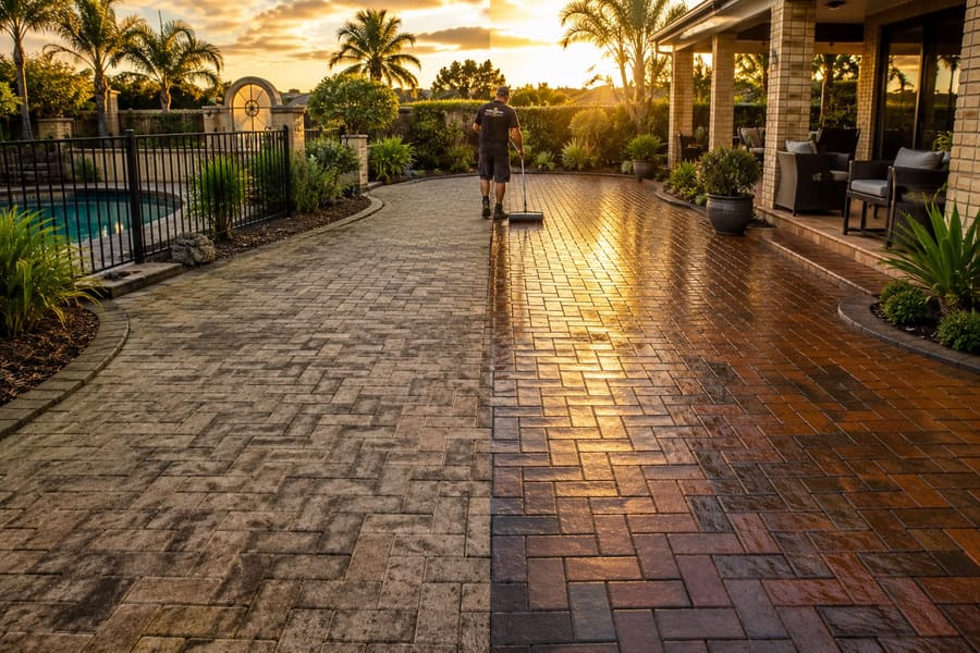 Paver pool deck being cleaned, dull dirty pavers on one side and rich clean pavers on the other