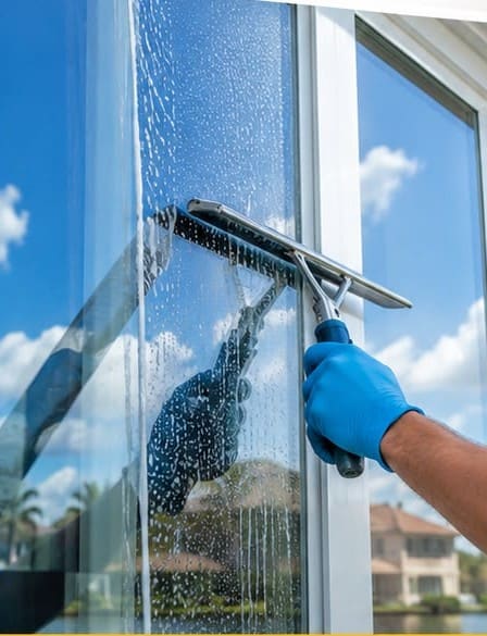 Window cleaner using a squeegee to clean a large glass window